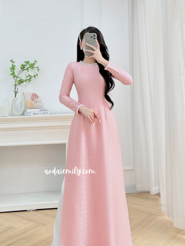 RUBY Pink Ao dai with hand beading crystals collar