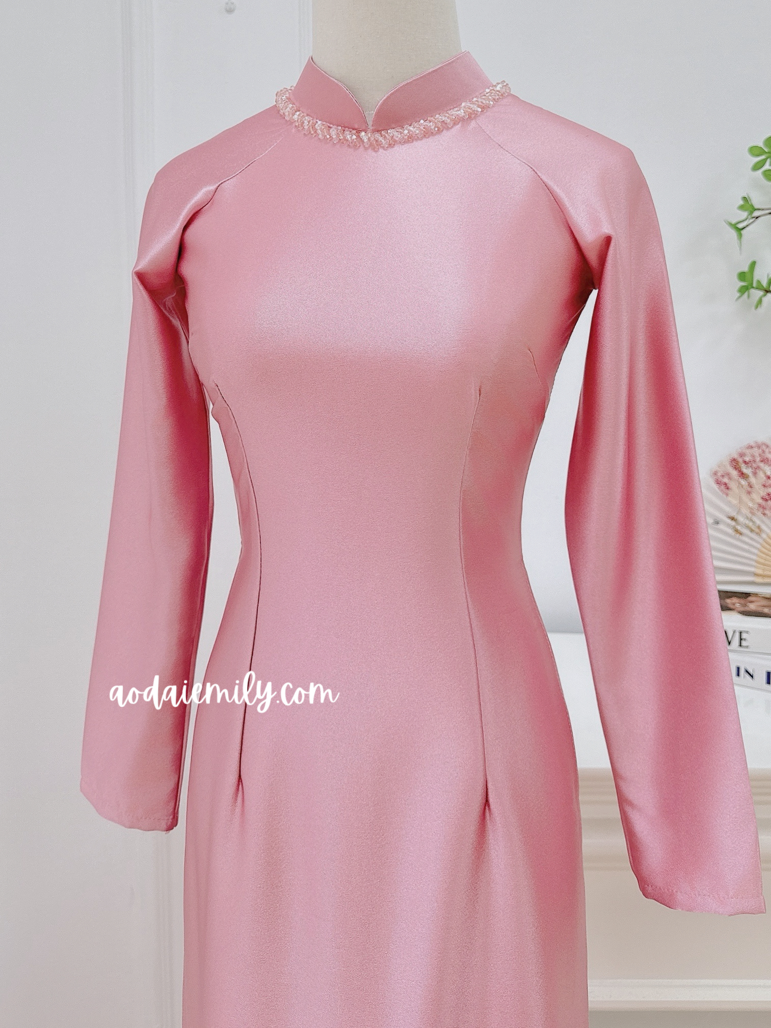 Pink traditional ao dai with simple beading collar