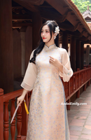 JENNA Beige/ Blue Taffeta Spring flowers pattern Ao dai|