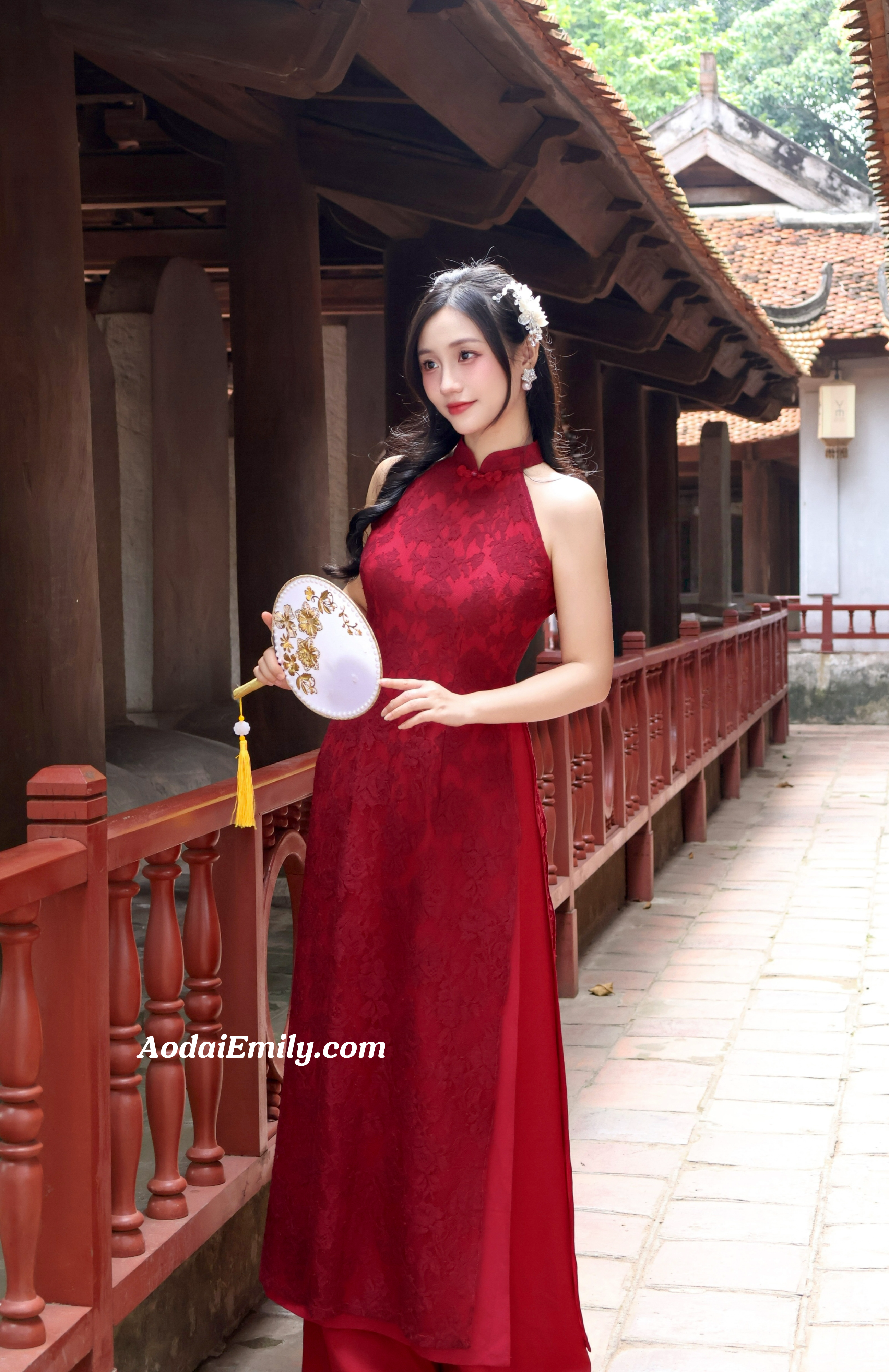 Red/Burgundy Sleeveless Lace Pre made ao dai flowers patterns| Marigold