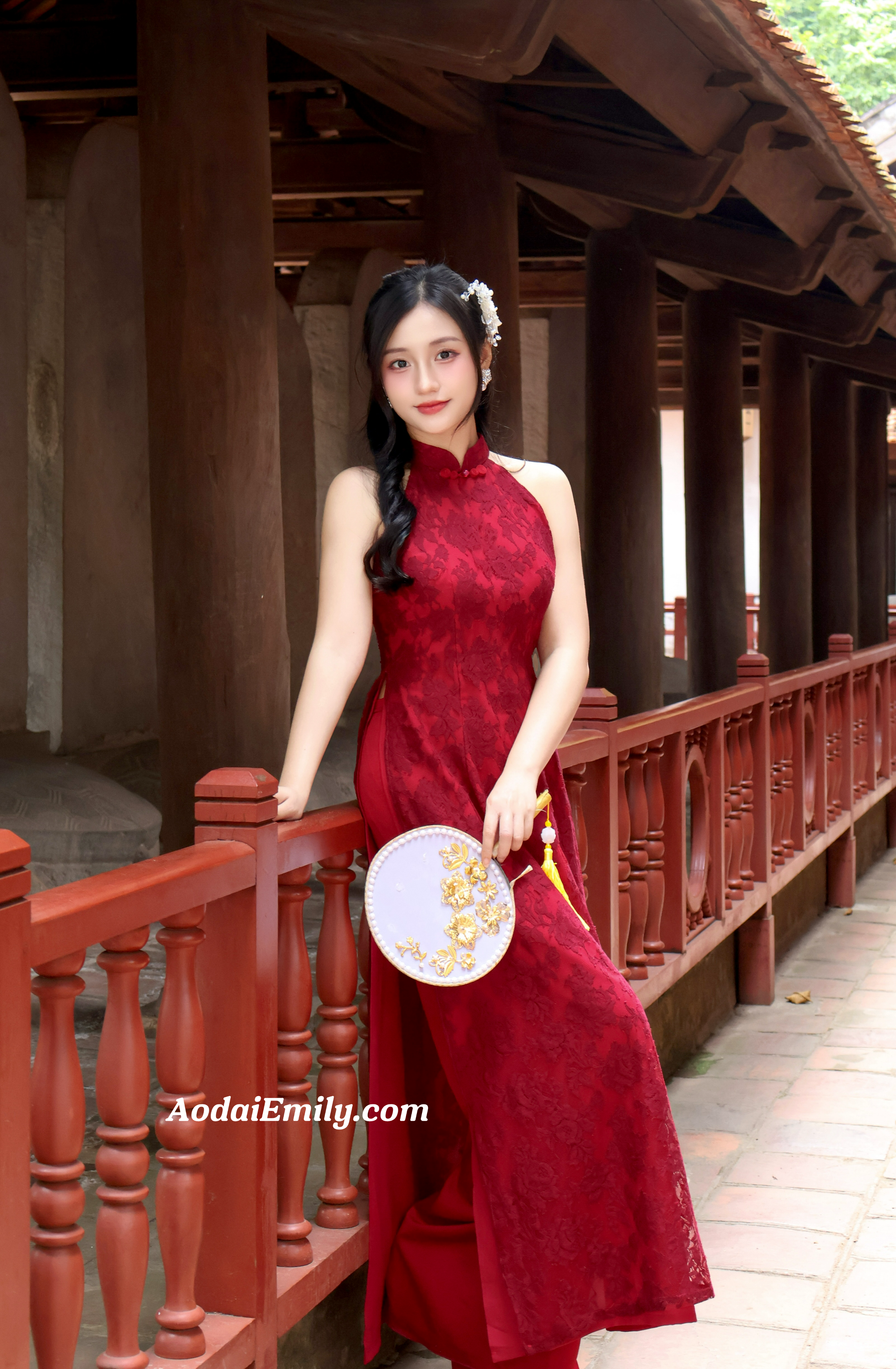 Red/Burgundy Sleeveless Lace Pre made ao dai flowers patterns| Marigold
