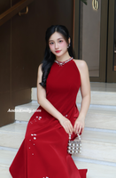 MARINA Red Velvet Sleeveless Pre made ao dai simple hand beading flowers