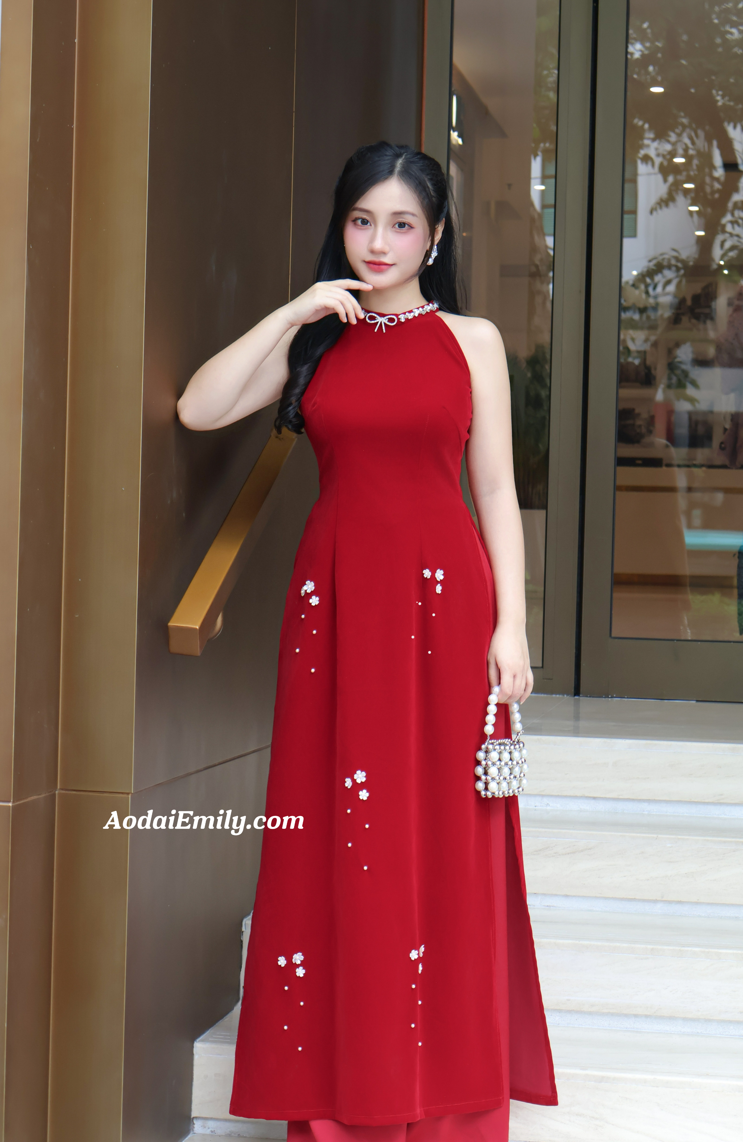 Red Velvet Sleeveless Pre made ao dai simple hand beading flowers