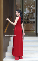 MARINA Red Velvet Sleeveless Pre made ao dai simple hand beading flowers