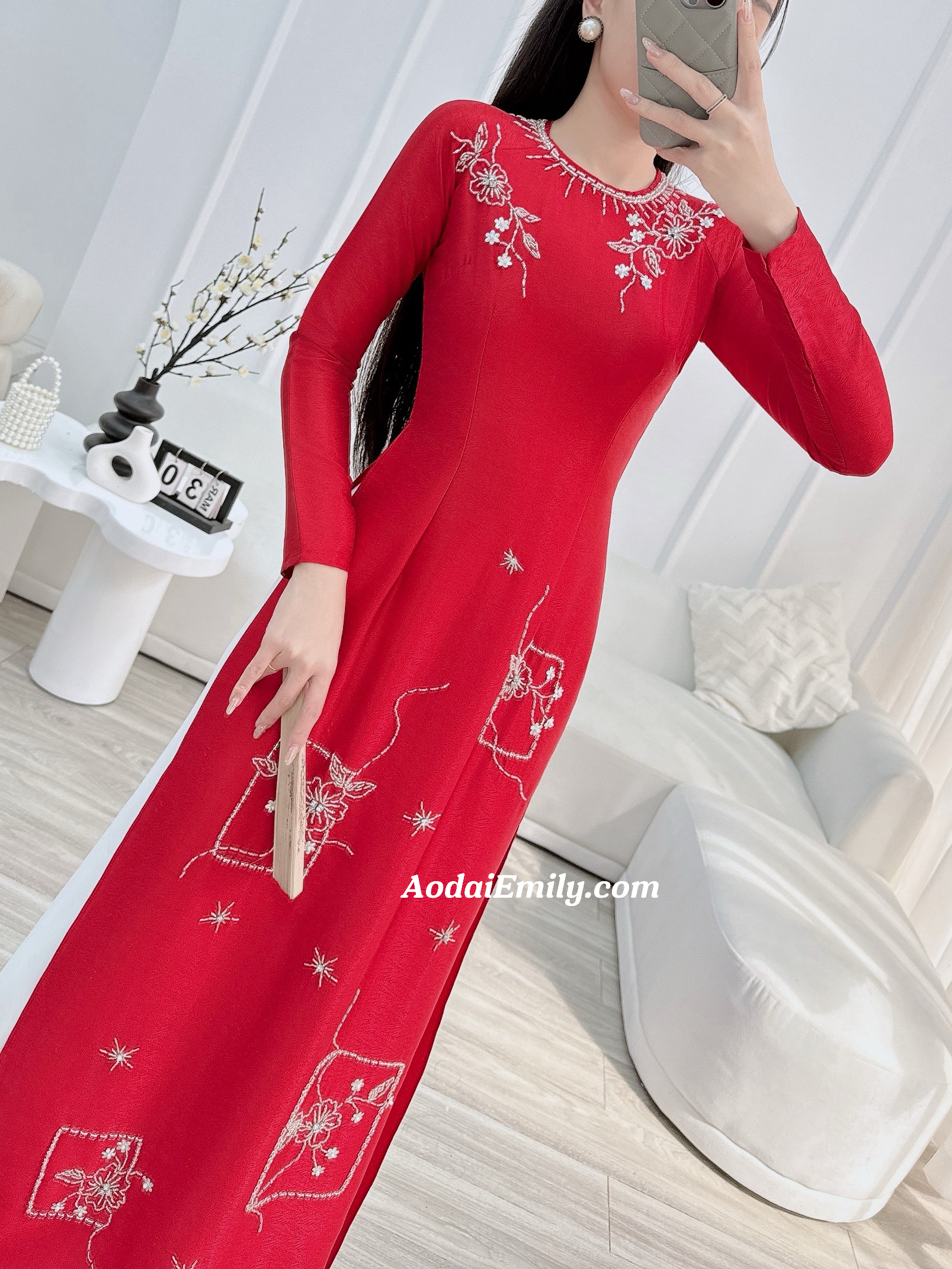 Red hand beading ao dai with crystals