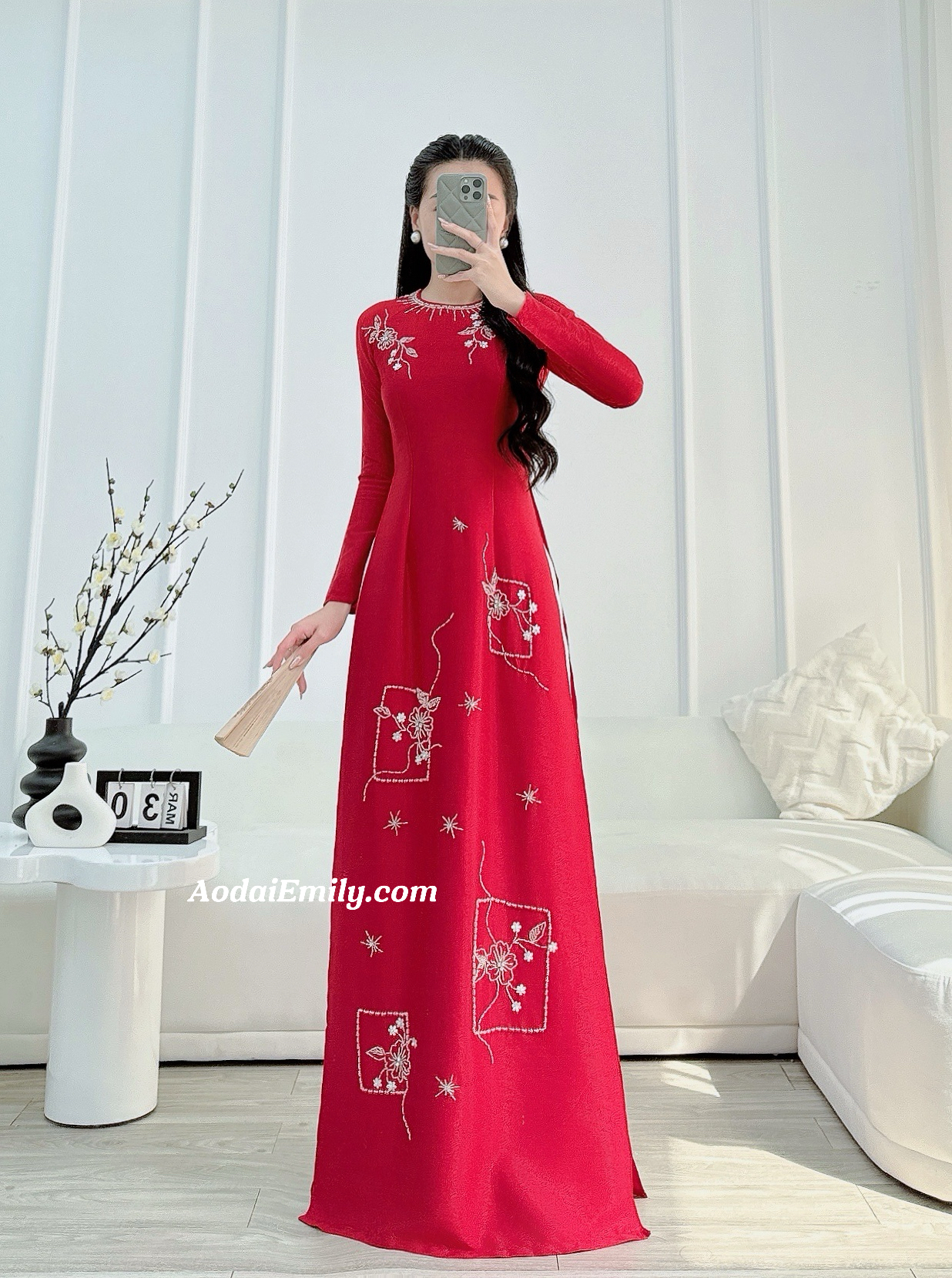 Red hand beading ao dai with crystals