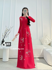 Red hand beading ao dai with crystals
