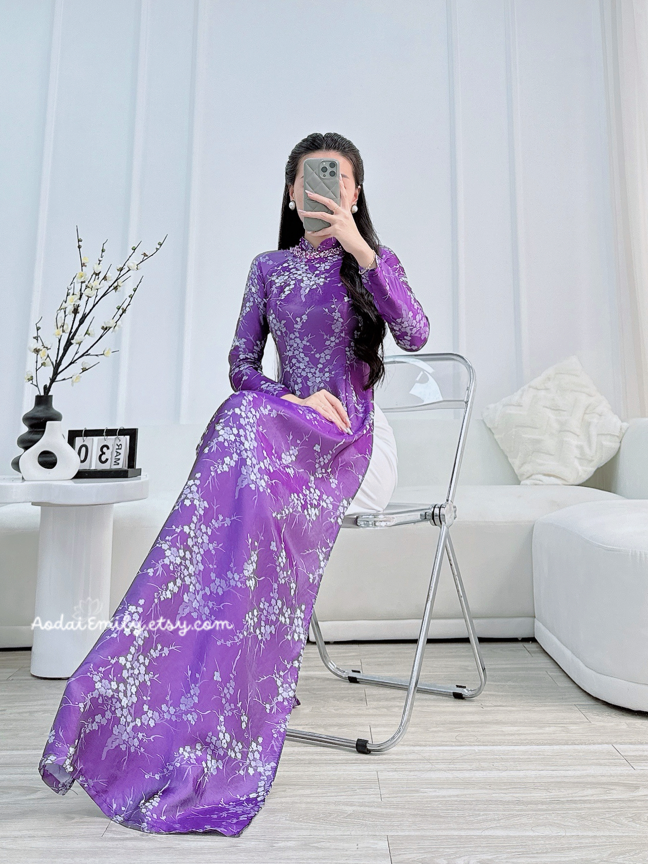 JENNIFER Purple Ao dai Gam with hand beaded crystals collar