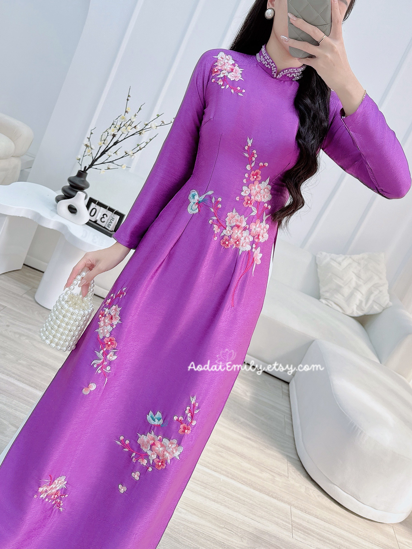 Purple Hand beading collar with embroidery flowers with pearls