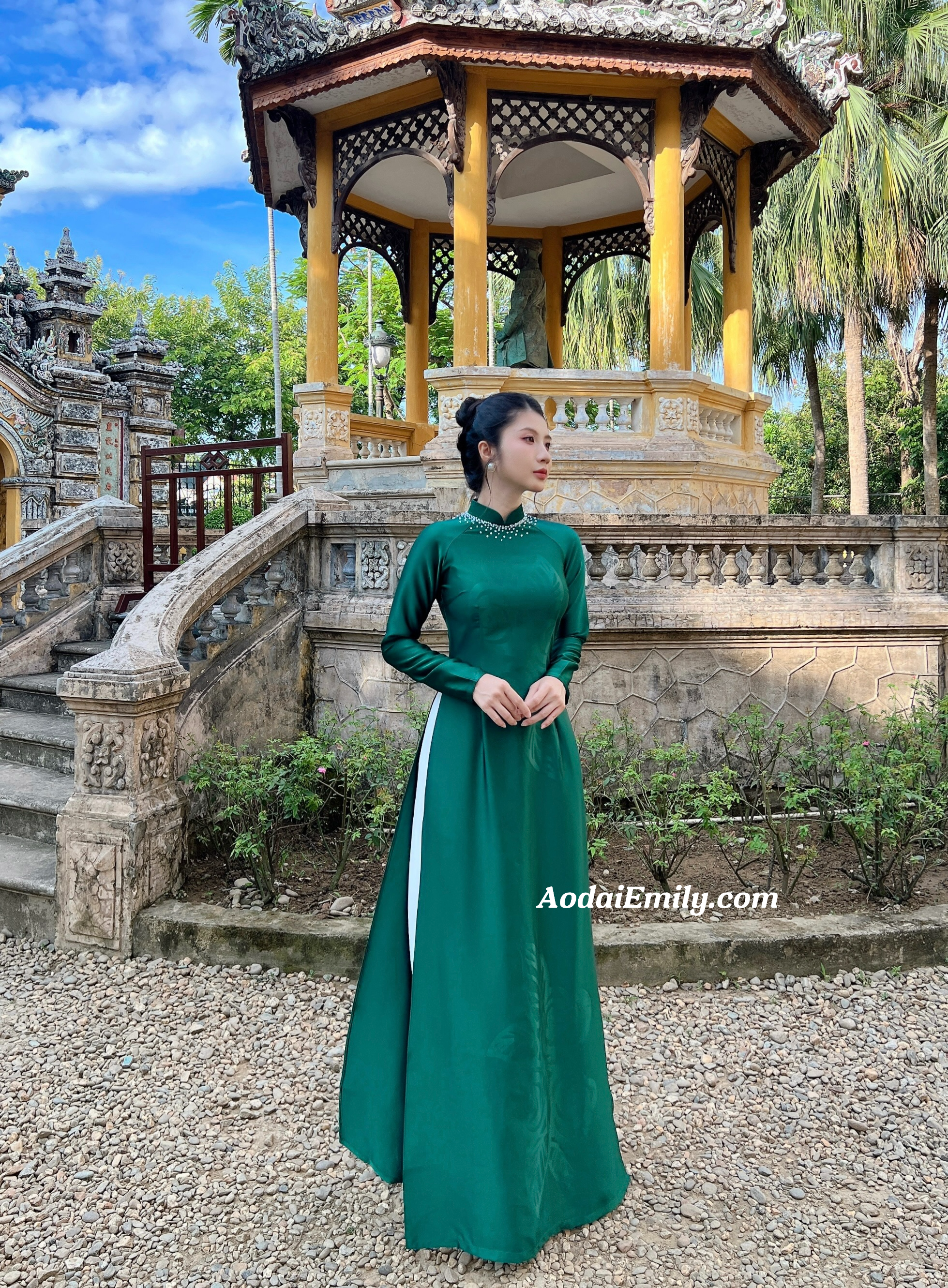 Dark Green ao dai with designed crystals collar