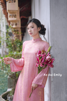 Pink/ Gold Loosing modern ao dai with button collar | LSP002