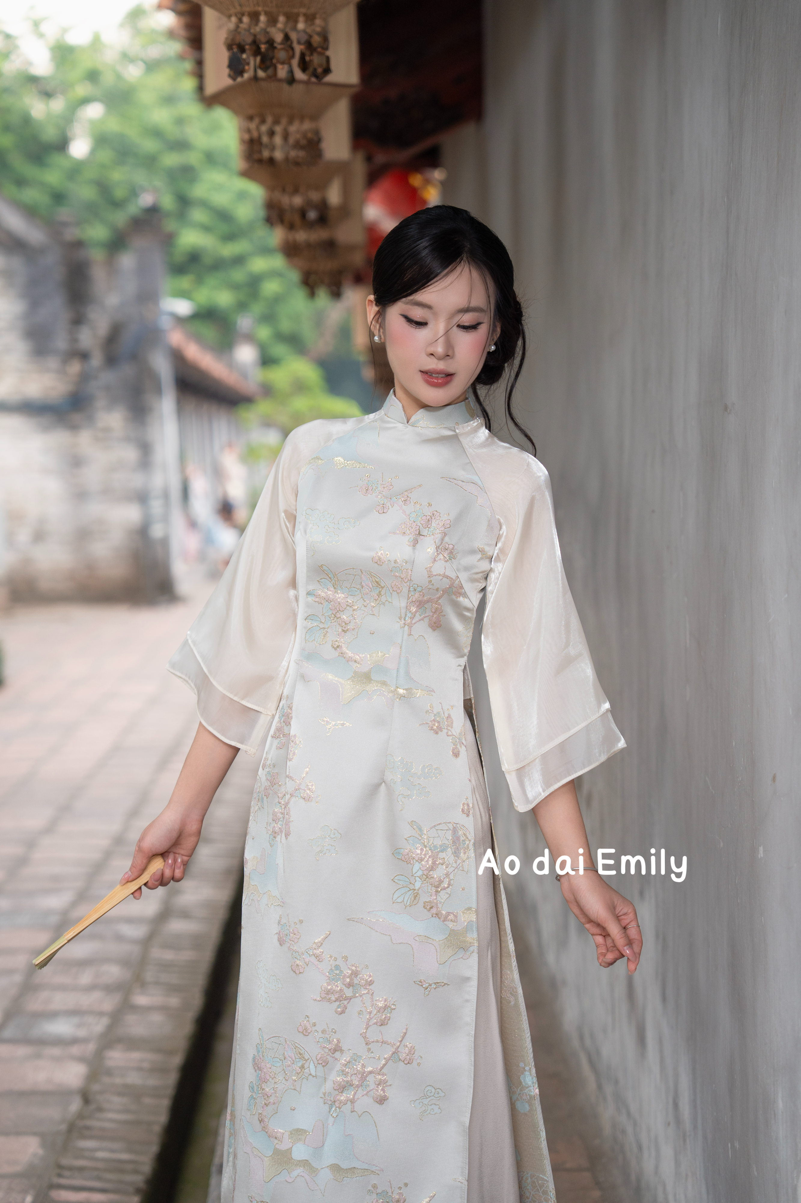 Beige Taffeta Ao dai with Spring pattern