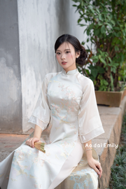 Beige Taffeta Ao dai with Spring pattern