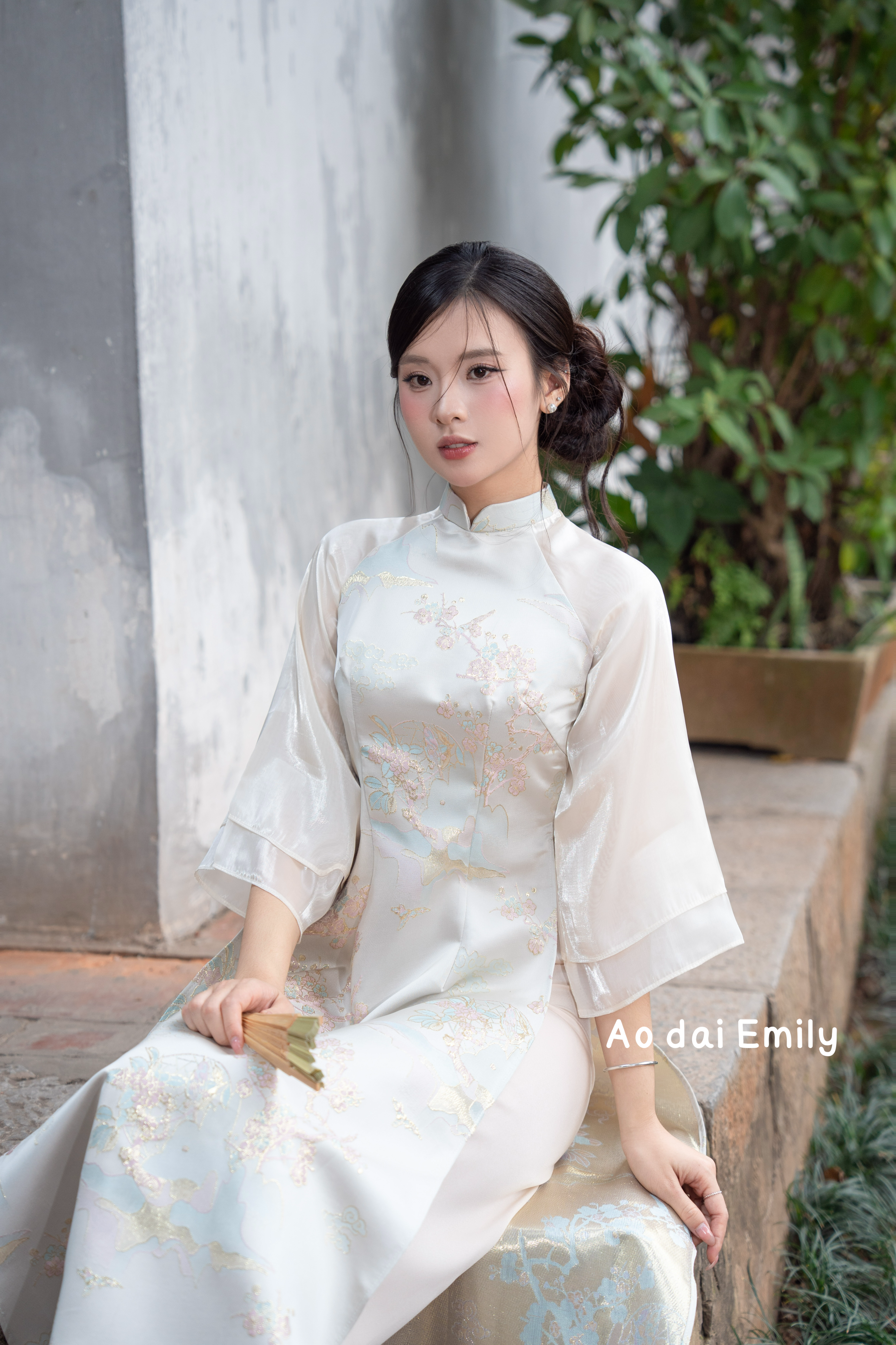 Beige Taffeta Ao dai with Spring pattern