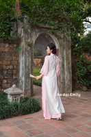 Cream/Pink Modern Ao dai with Rose pattern| Carnation