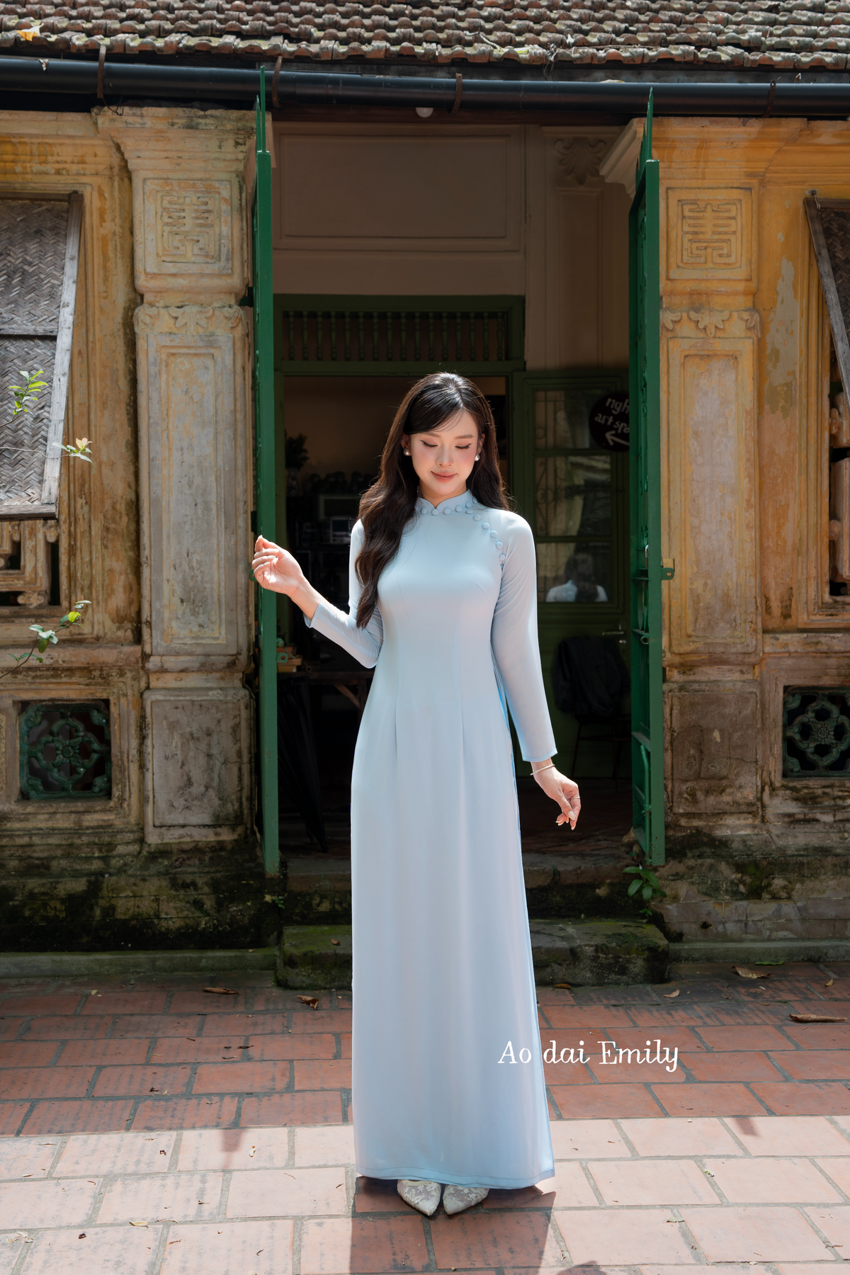 Blue Double layers chiffon Ao Dai Set with design buttons| Blue sky