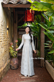 White áo dài gấm with simple pearls beading| Gladioll