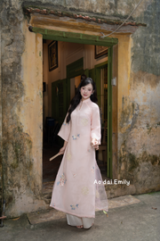Pink Embroidery flowers Modern ao dai| Oriental lily