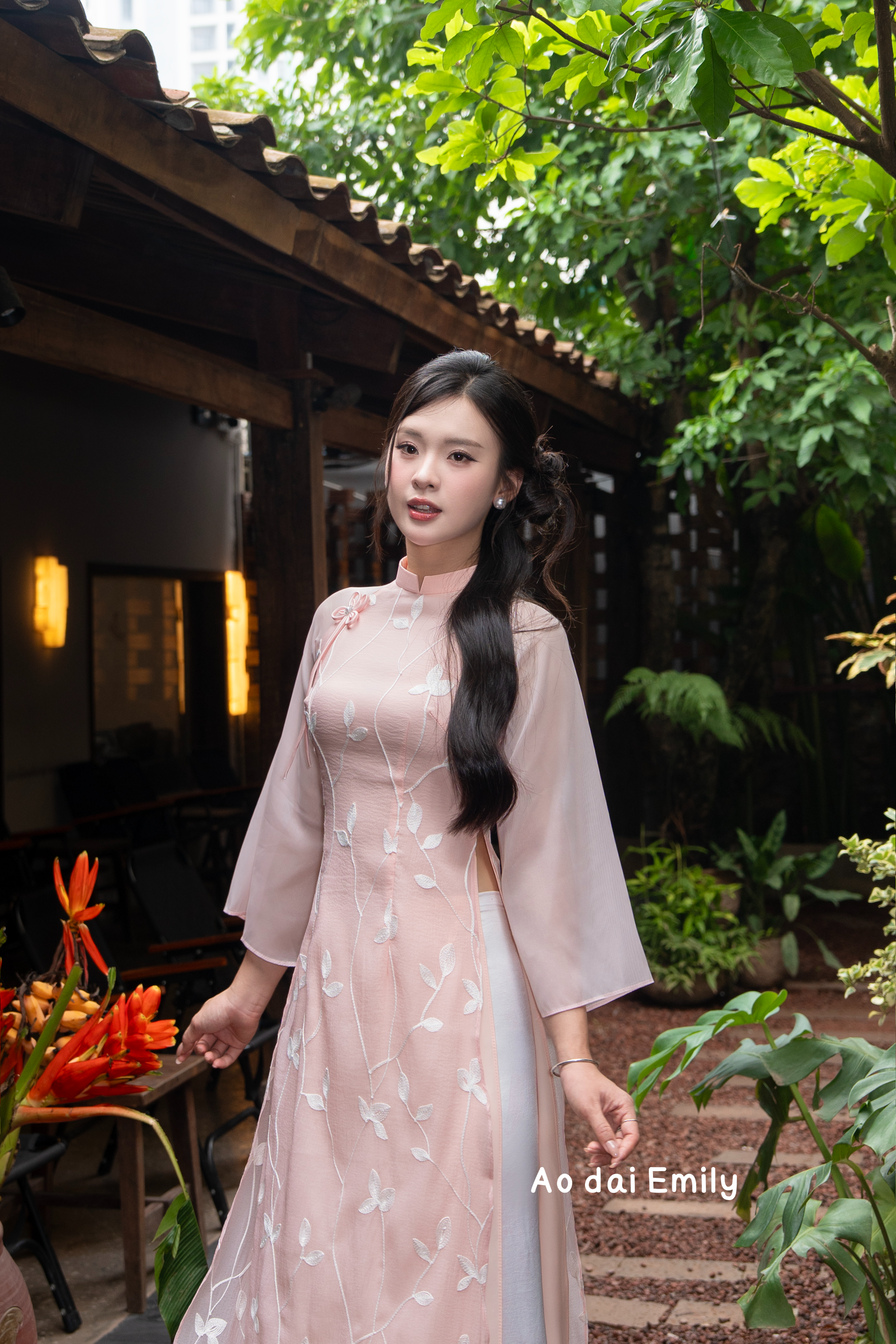 Double layers modern ao dai with embroidery flowers| Mock Orange