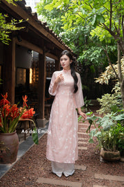 Double layers modern ao dai with embroidery flowers| Mock Orange