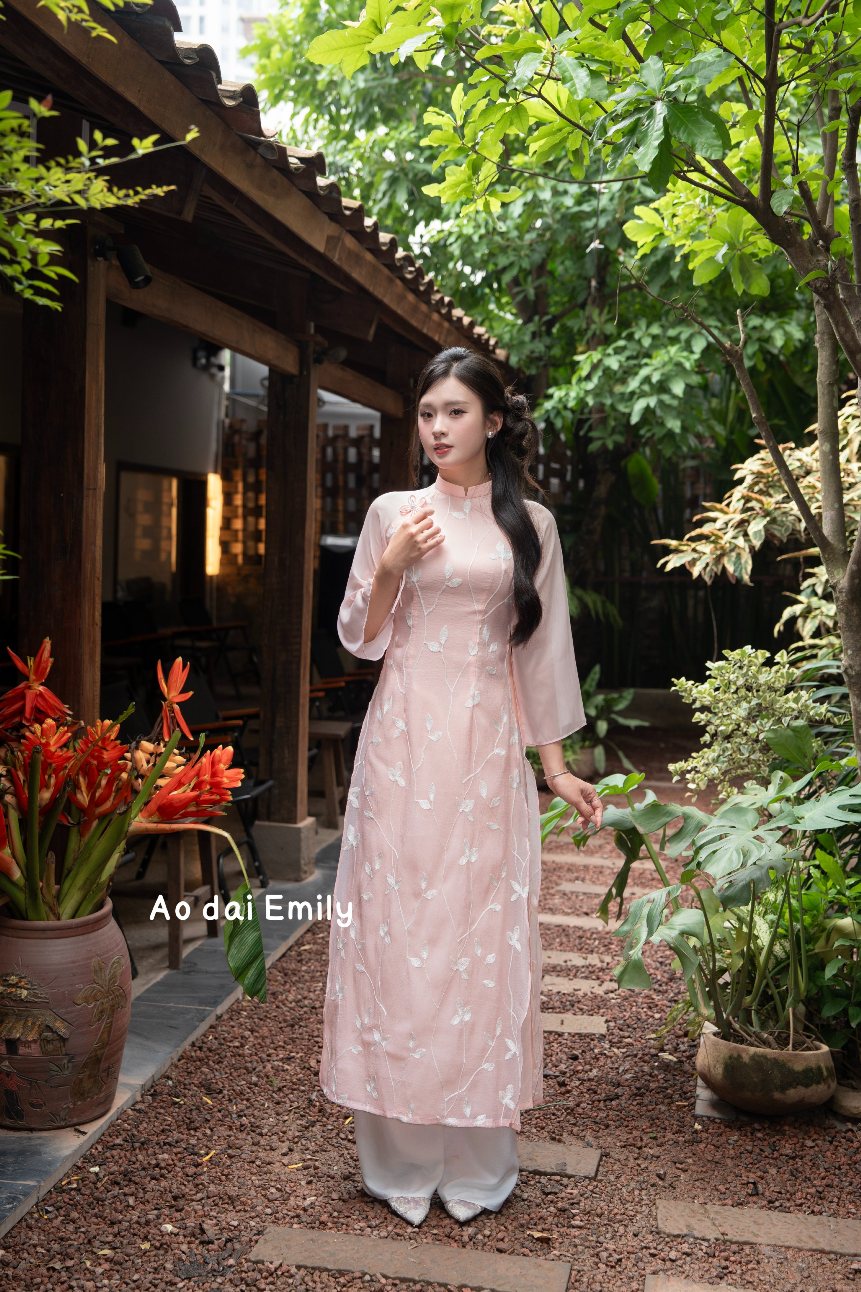 Double layers modern ao dai with embroidery flowers| Mock Orange