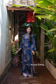 Dark blue/pink Ao dai Gam with Spring flowers pattern | Golden bell
