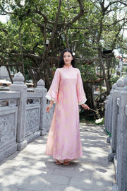 Pink/ Ivory  Brocade Ao dai with Spring flowers pattern | Pink rose