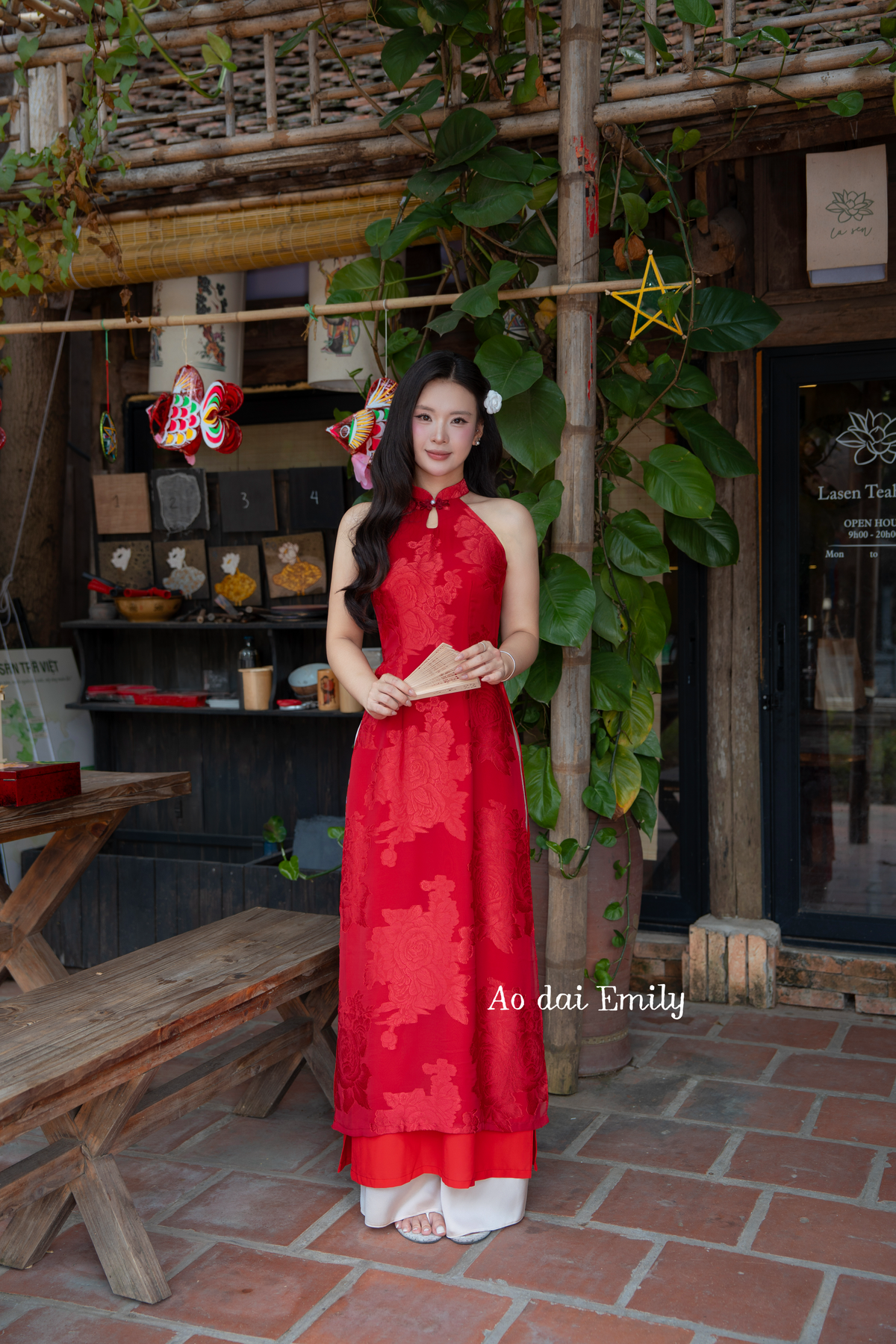 Red Modern halter ao dai with tear drop cut out design | Vinca