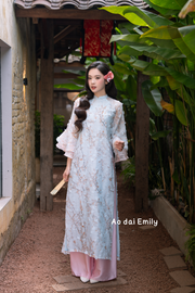 Pastel Blue/pink modern loosing ao dai with 3D flowers| Candytuft