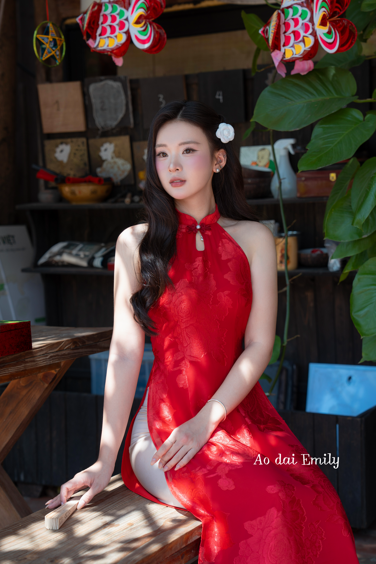 Red Modern halter ao dai with tear drop cut out design | Vinca