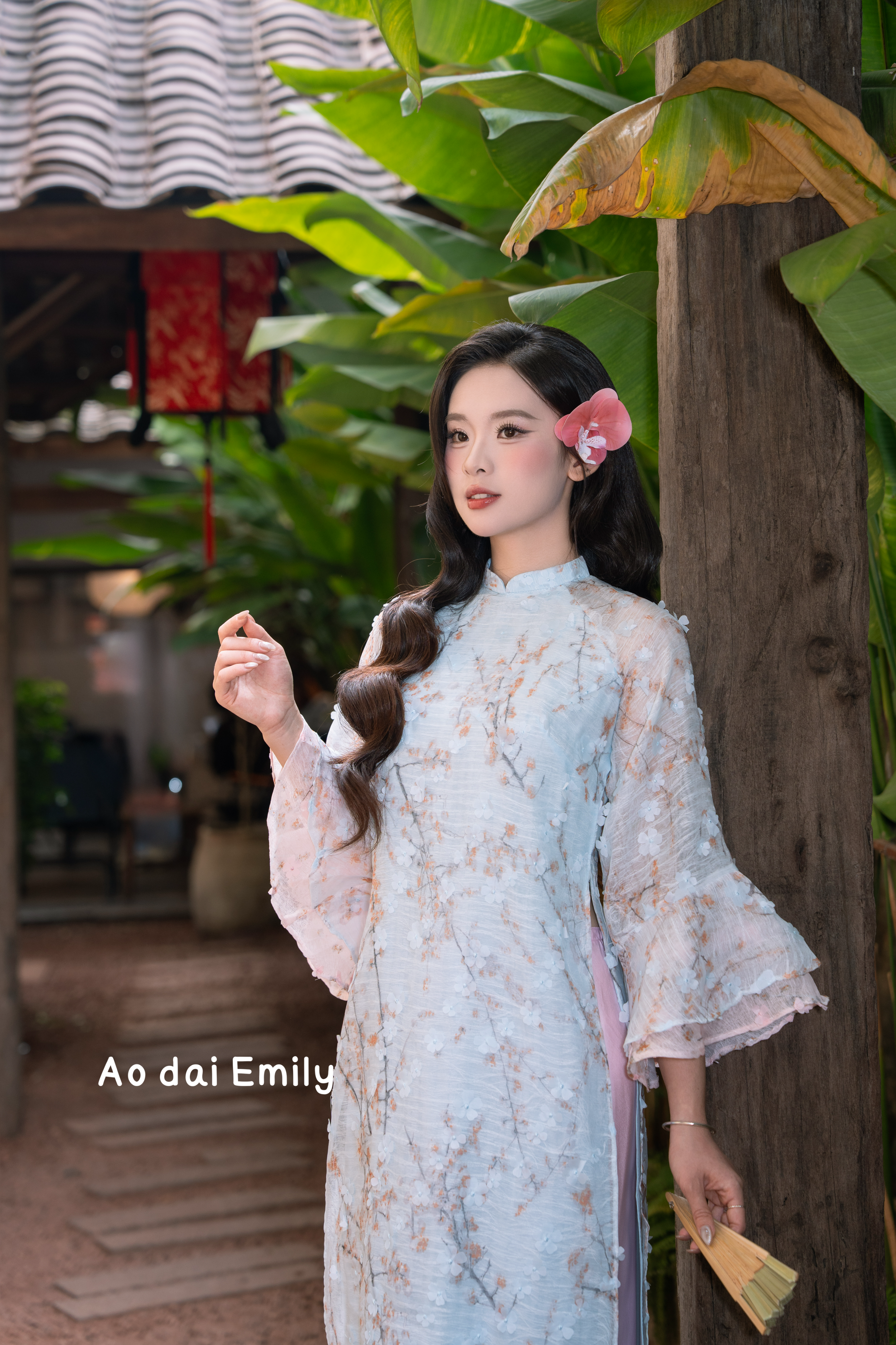 Pastel Blue/pink modern loosing ao dai with 3D flowers| Candytuft