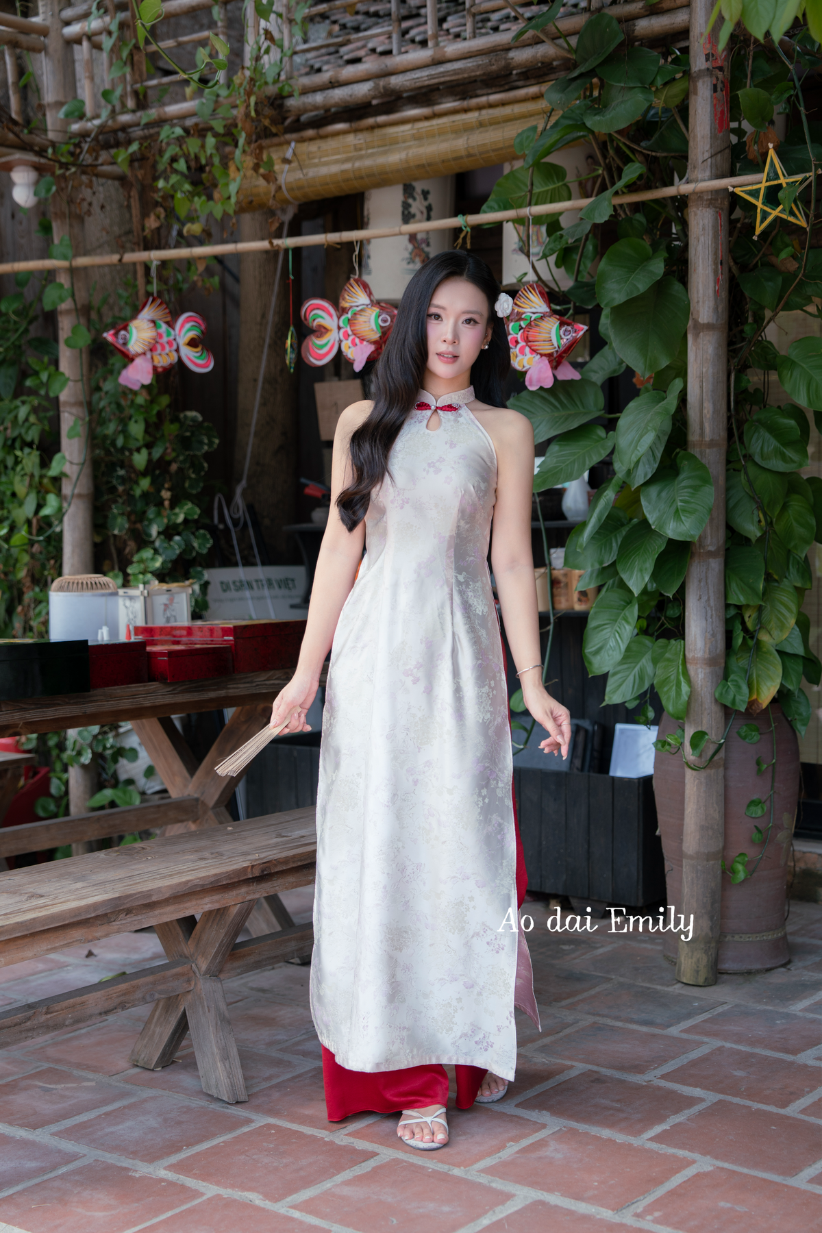 Flowers pattern sleeveless halter ao dai yem| Pansy