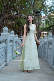 Sleeveless halter modern ao dai with embroidery flowers| Avocado Green