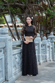 Traditional Lace áo dài with round collar |Black Rose pattern