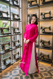 Modern Hot pink Loosing style ao dai with flowers pattern| Cape leadwort