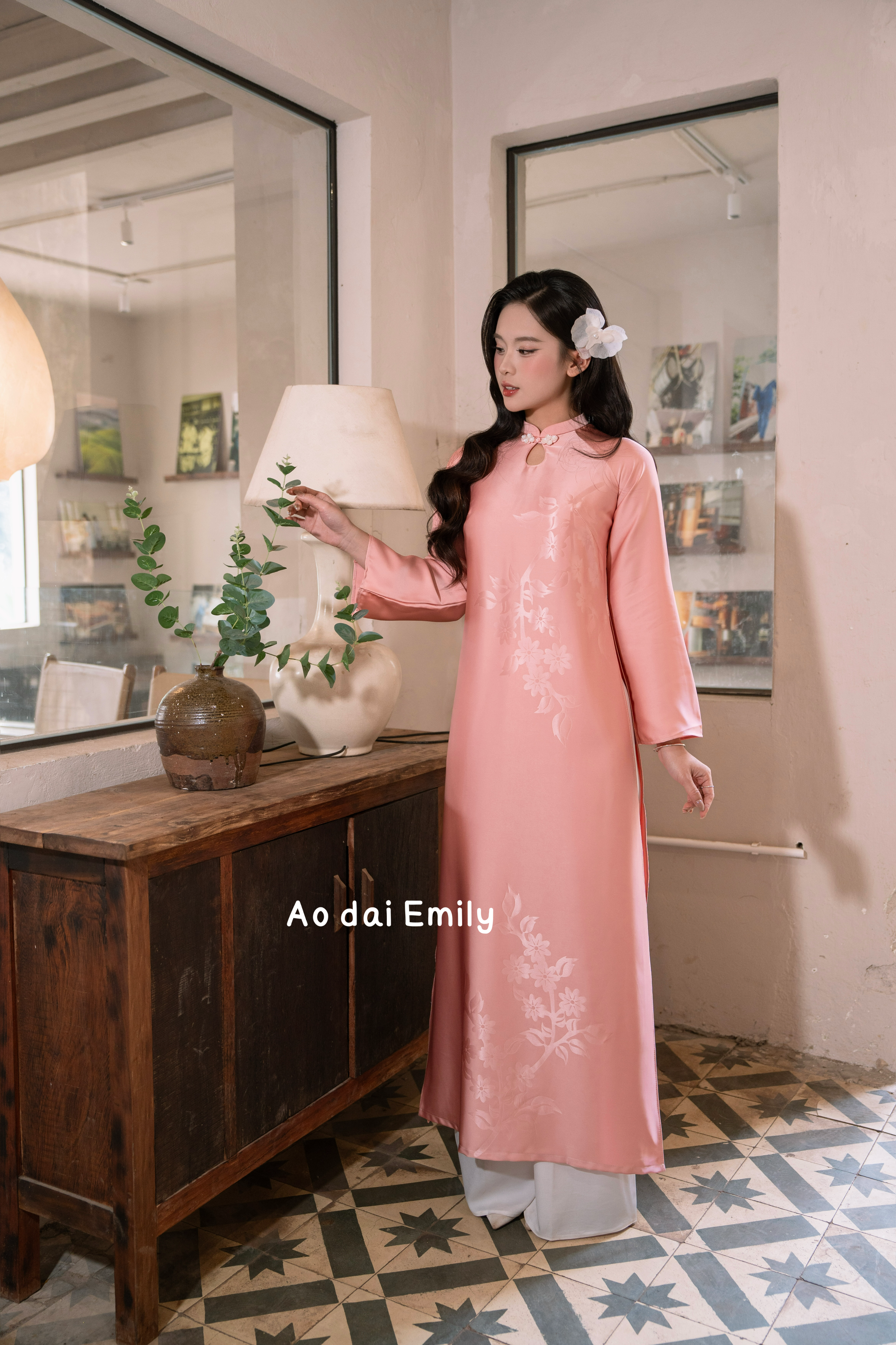 Modern Loosing Pink modern ao dai with teardrop cut out buttons| Candy cane sorrel