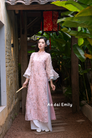 Pastel Pink/ Blue modern loosing ao dai with 3D flowers| Climbing rose