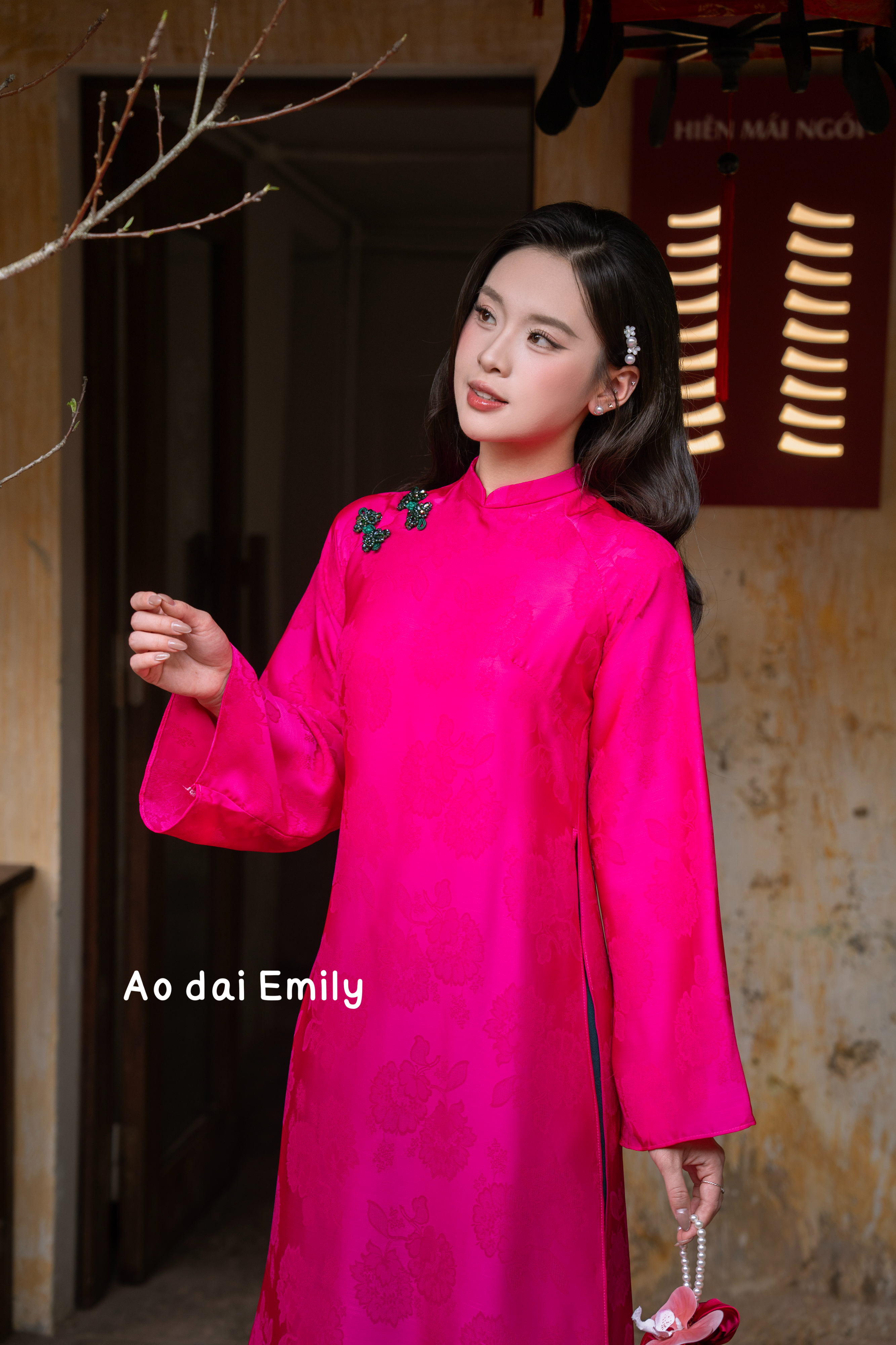 Hot pink/ Green Modern loosing ao dai with flowers pattern| Cransbill