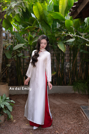 Ivory/ red Modern Loosing ao dai with teardrop cut out buttons| Candy tuft