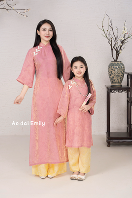 Pink/yellow  matching Mom & Girl Ao Dai with button| MC2P01