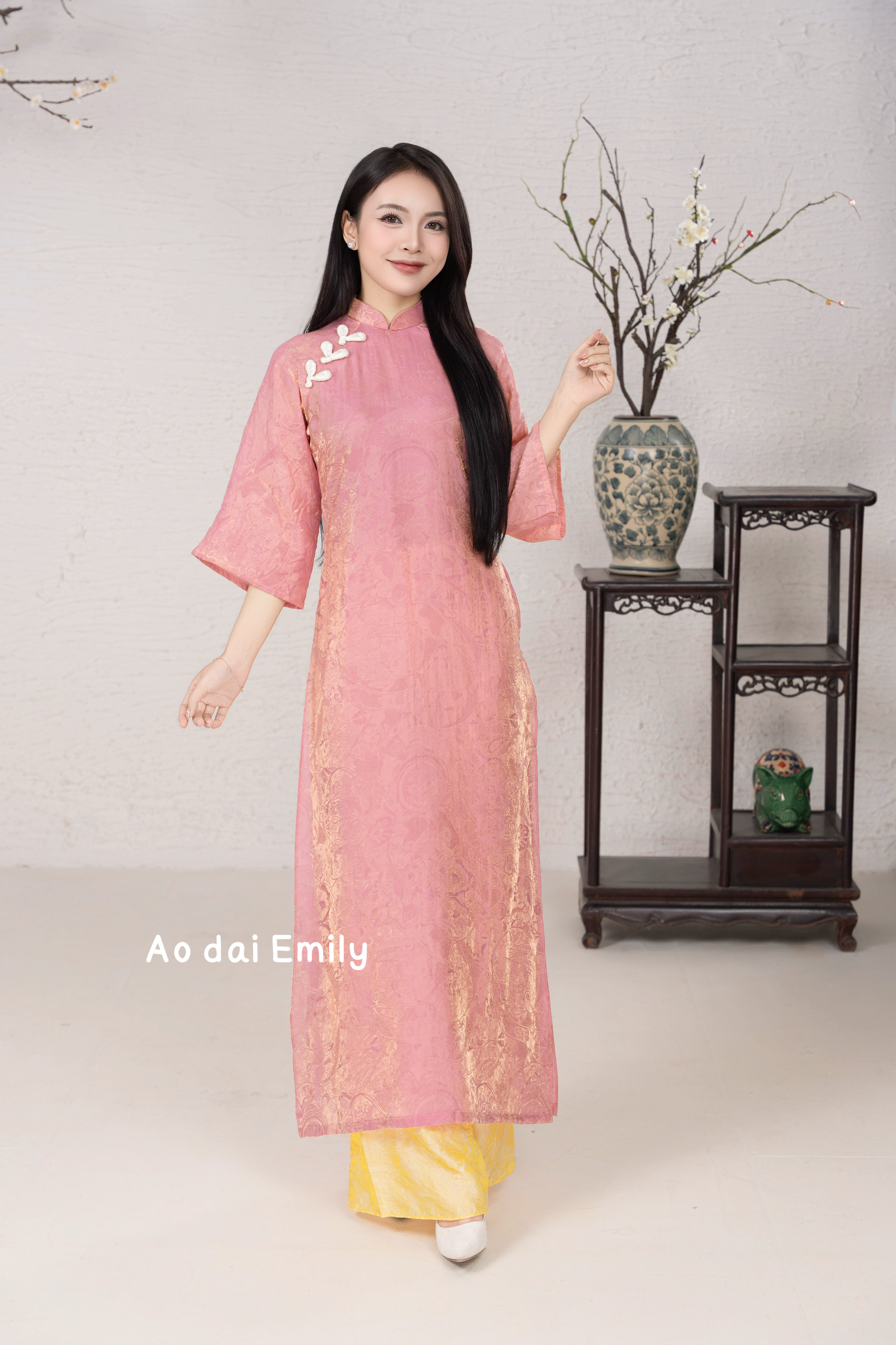 Pink/yellow matching Mom & Girl Ao Dai with button