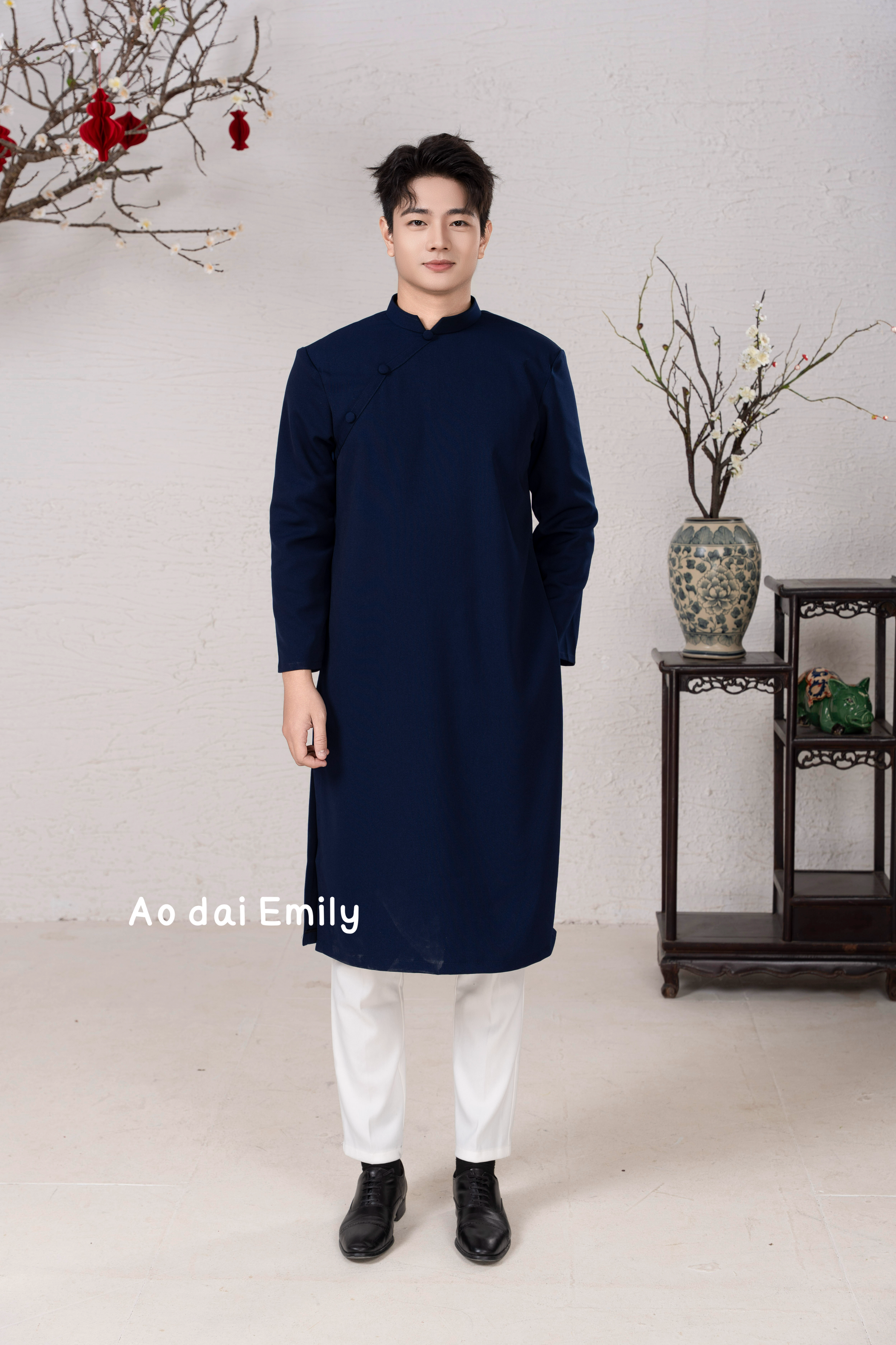 Plain Midnight Blue Ao dai for men| Armyworm