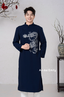 Midnight Blue Ao dai for men with Dragon embroidery