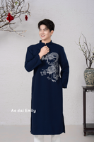 Midnight Blue Ao dai for men with Dragon embroidery