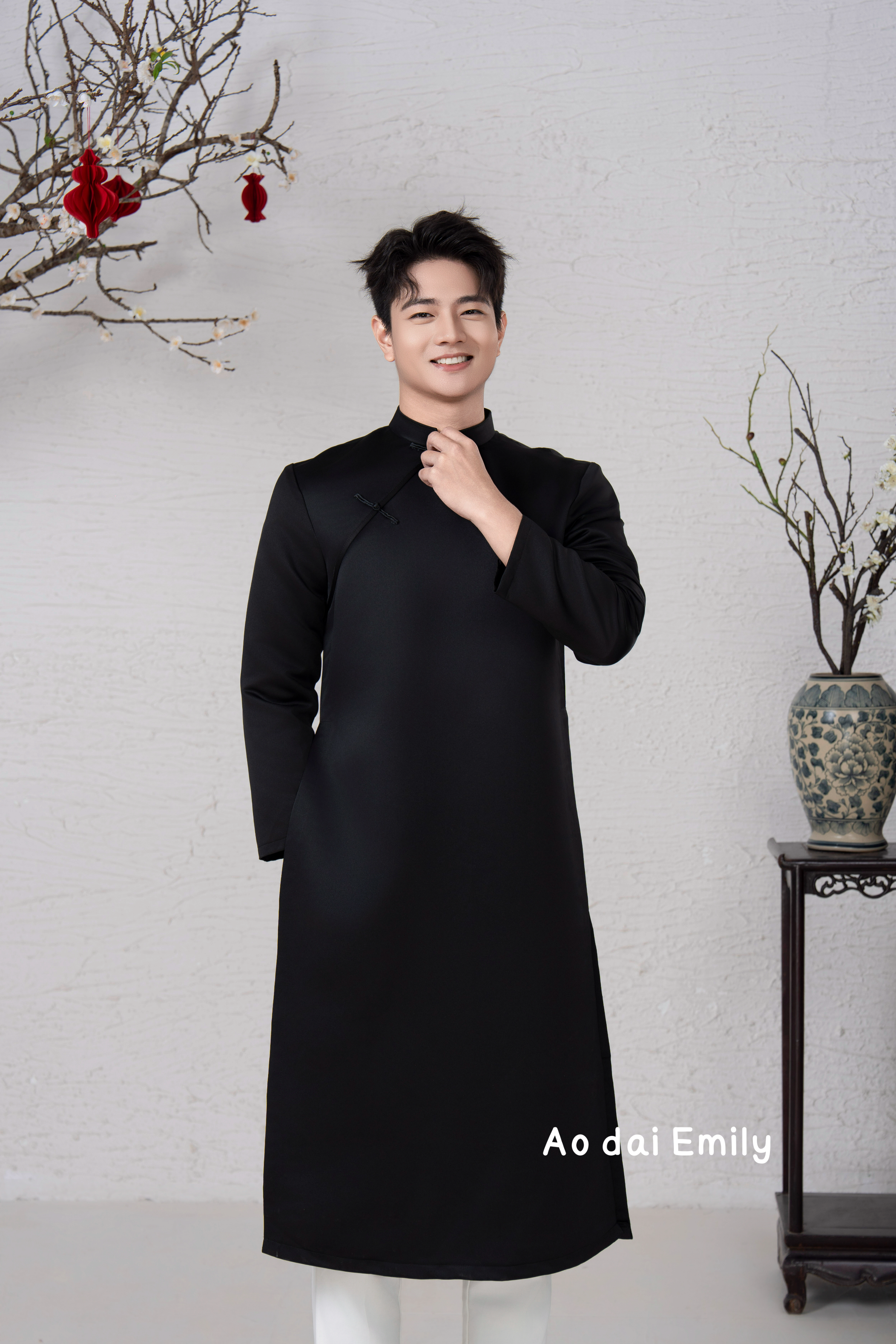 Plain Black Ao dai for men