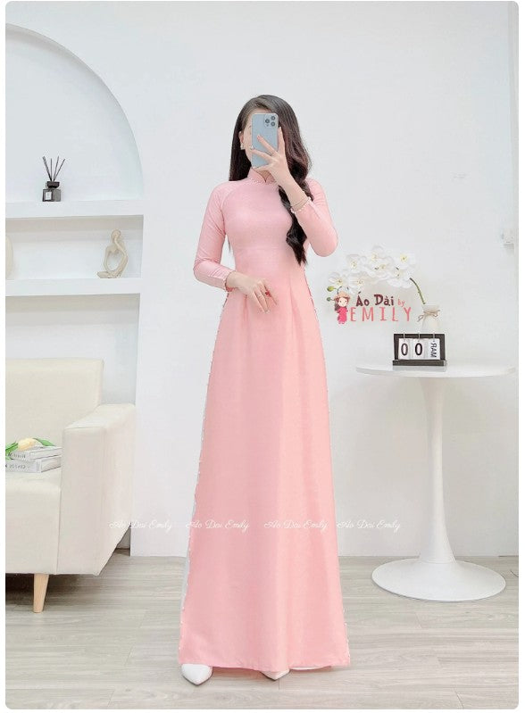 HAPPY Plain Pink ao dai with pearls