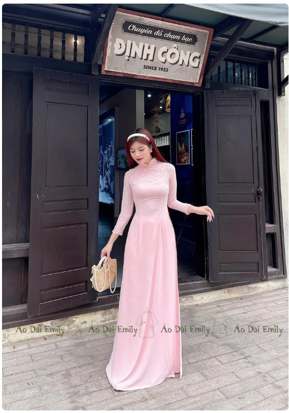 HAISLEY Double layers chiffon Ao Dai Set with pearls and crystals
