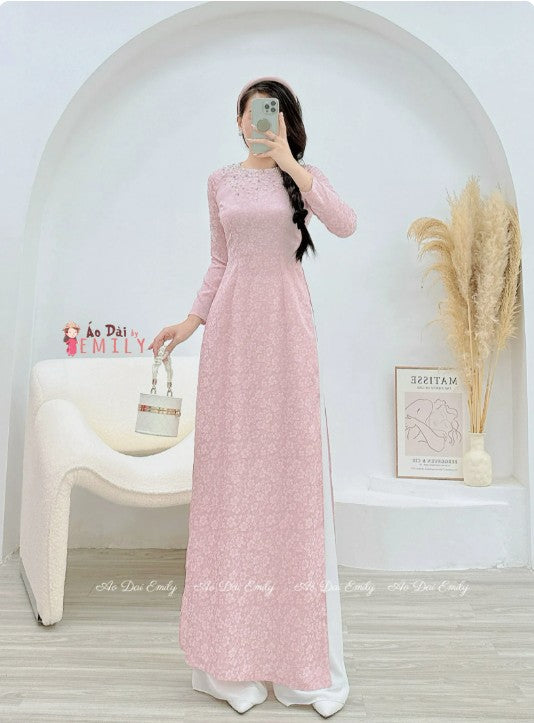 Pink áo dài| with crystals and pearls