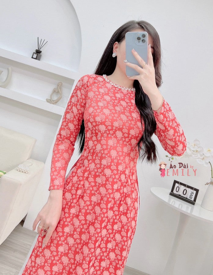Pre made ao dai Viet Nam with pearls collar
