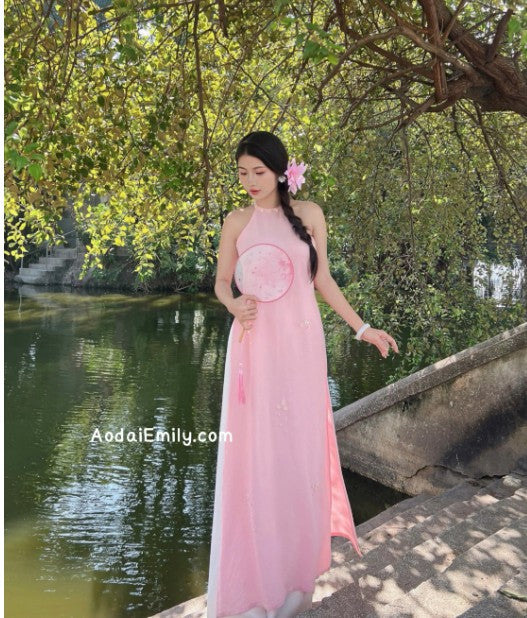 Pink Sleeveless Pre made ao dai simple hand beading flowers